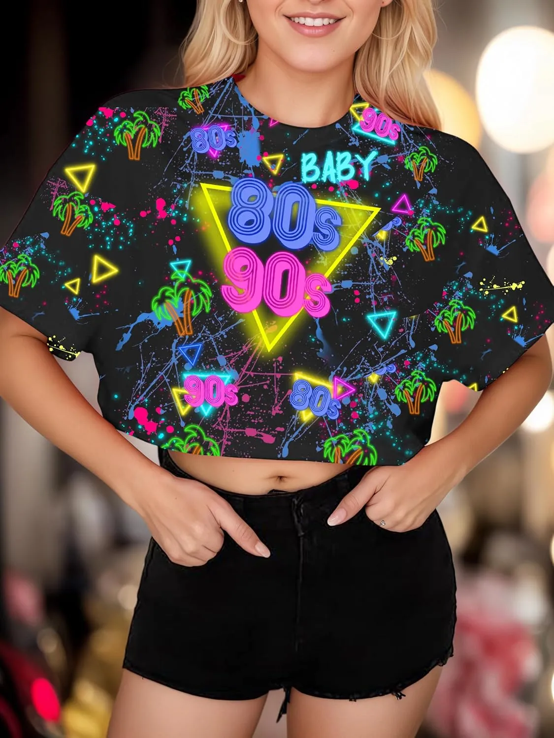 80s Shirts for Women 90S Outfit Baby Neon Music Graphic T-Shirt Hip Hop 1980's Party Short Sleeve Blouse Tops