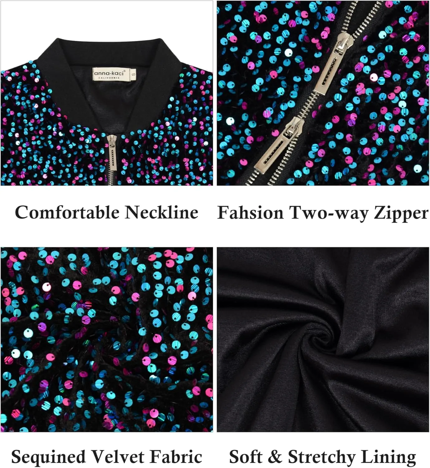 Anna-Kaci Women's Sparkly Sequin Jacket Cropped Two-Way-Zipper Glitter Party Club Bomber Jacket