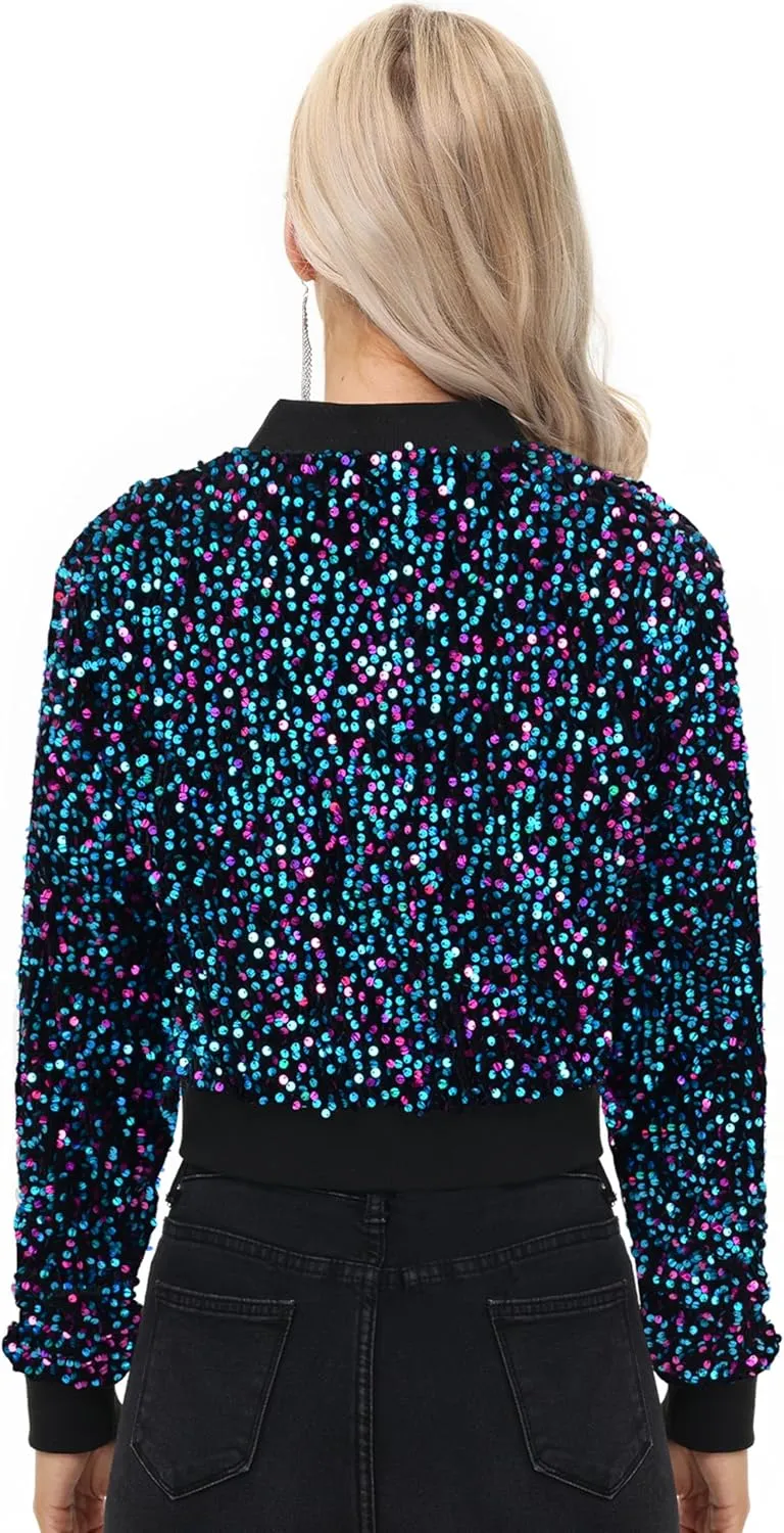 Anna-Kaci Women's Sparkly Sequin Jacket Cropped Two-Way-Zipper Glitter Party Club Bomber Jacket