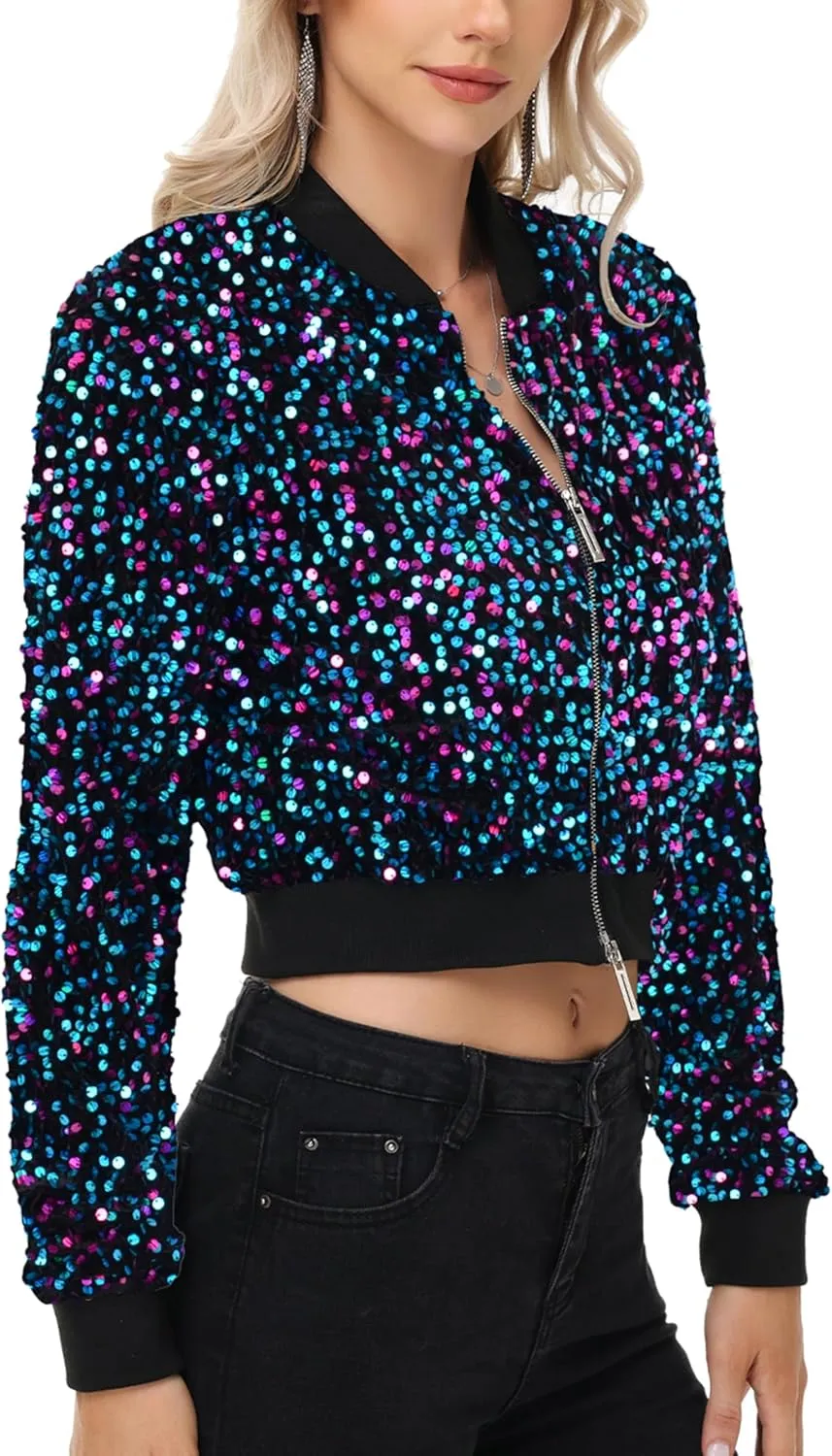 Anna-Kaci Women's Sparkly Sequin Jacket Cropped Two-Way-Zipper Glitter Party Club Bomber Jacket