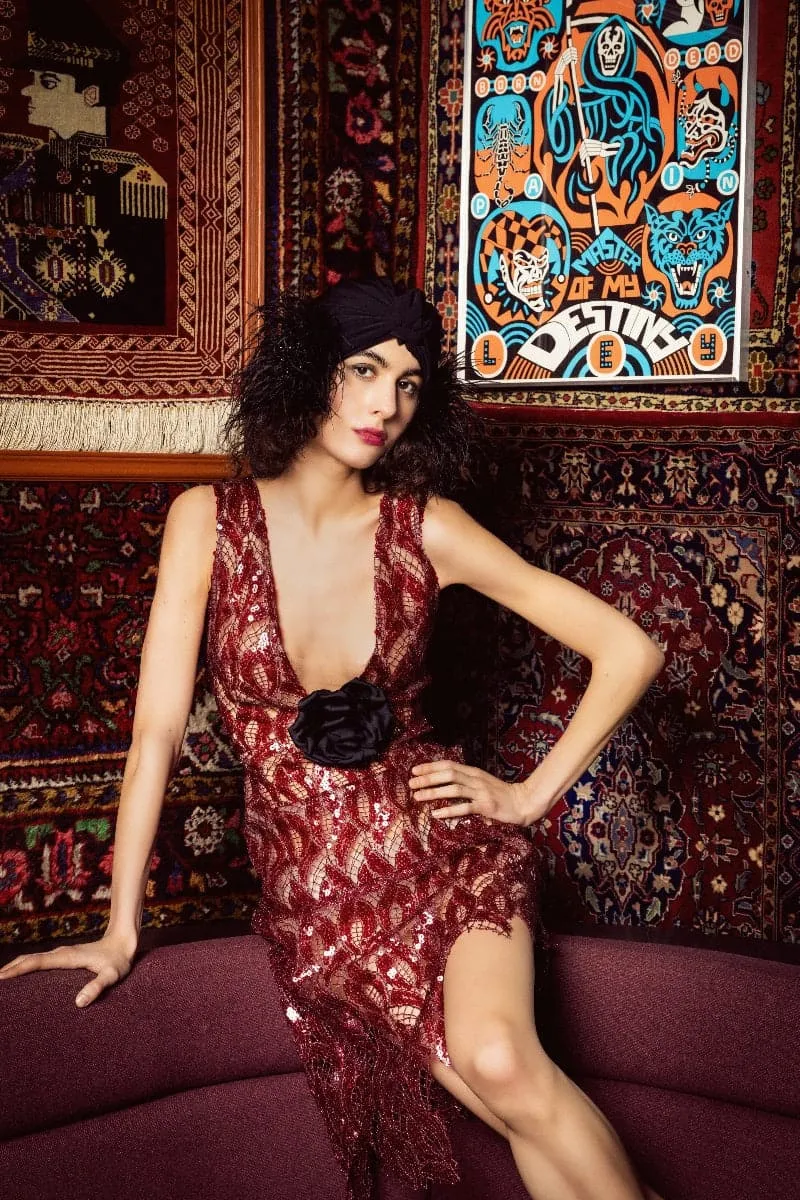 ASYMMETRIC SEQUINED LACE MINI DRESS WITH DETACHABLE ROSE