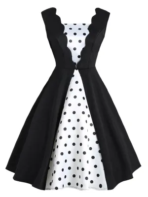 Black 1950s Polka Dot Patchwork Dress