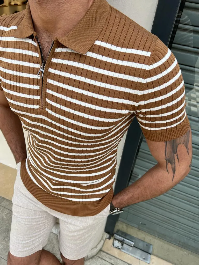 Bojoni Veneta Slim Fit Polo Zippered Camel Tees