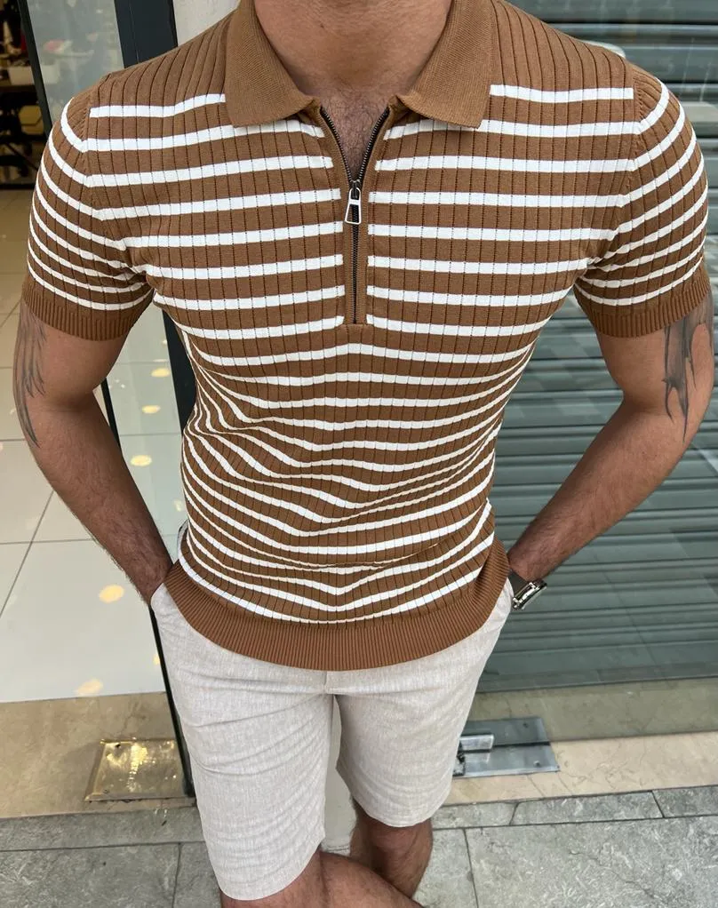Bojoni Veneta Slim Fit Polo Zippered Camel Tees
