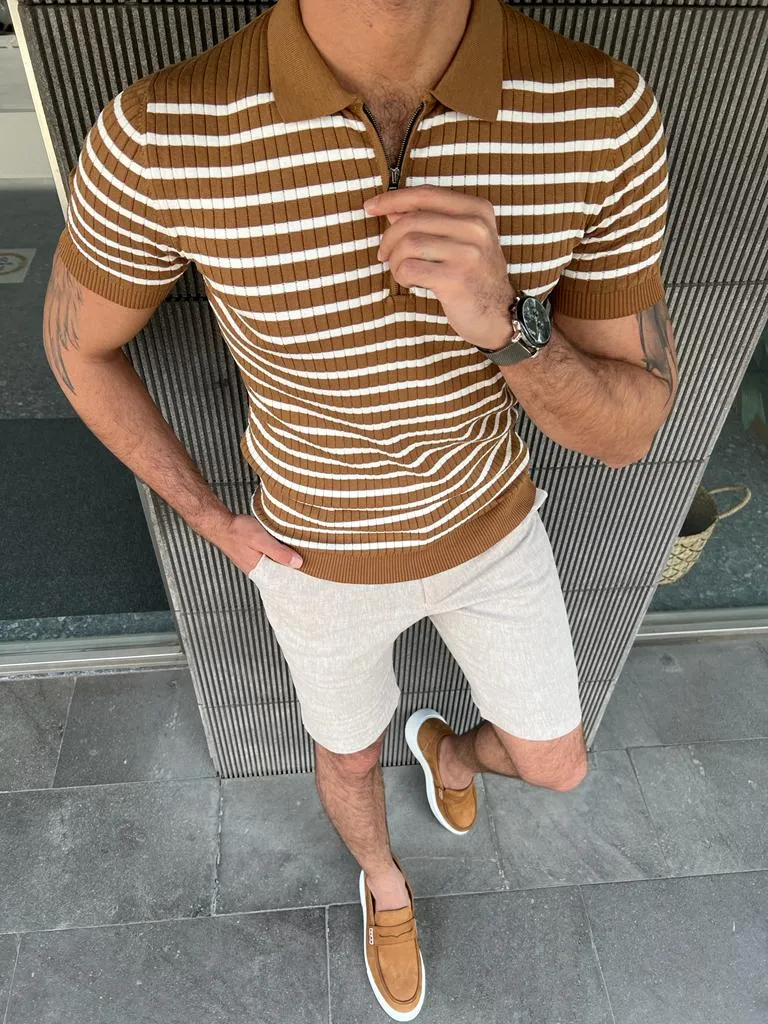 Bojoni Veneta Slim Fit Polo Zippered Camel Tees