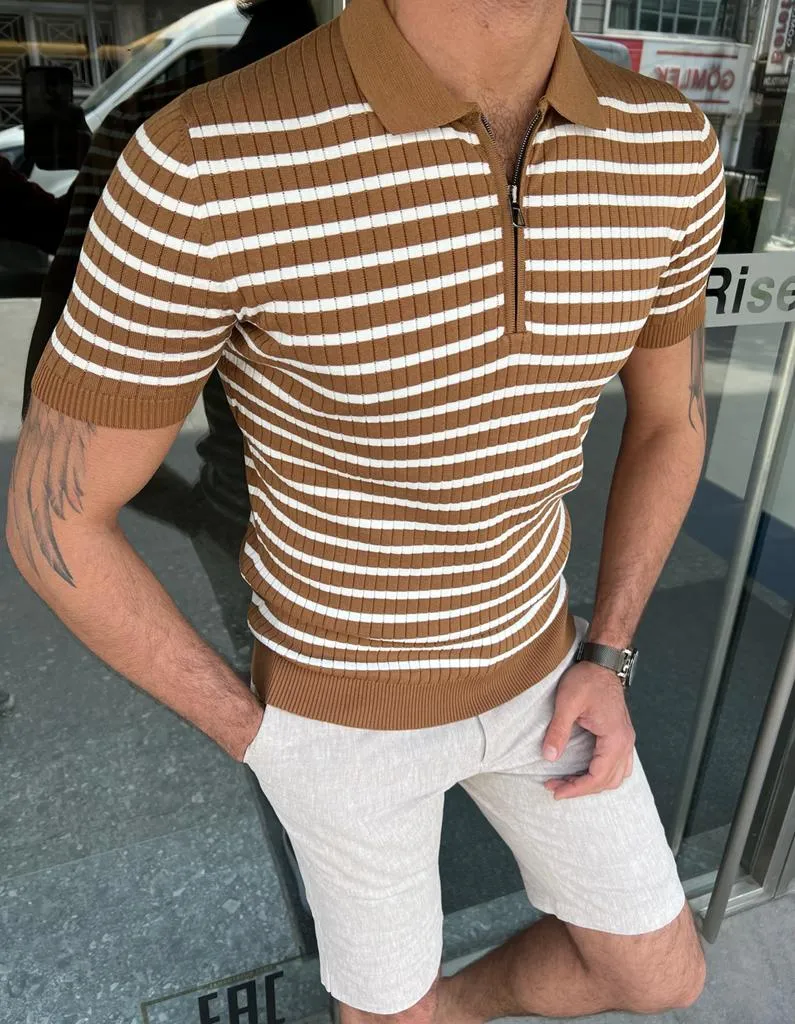 Bojoni Veneta Slim Fit Polo Zippered Camel Tees