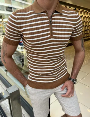 Bojoni Veneta Slim Fit Polo Zippered Camel Tees
