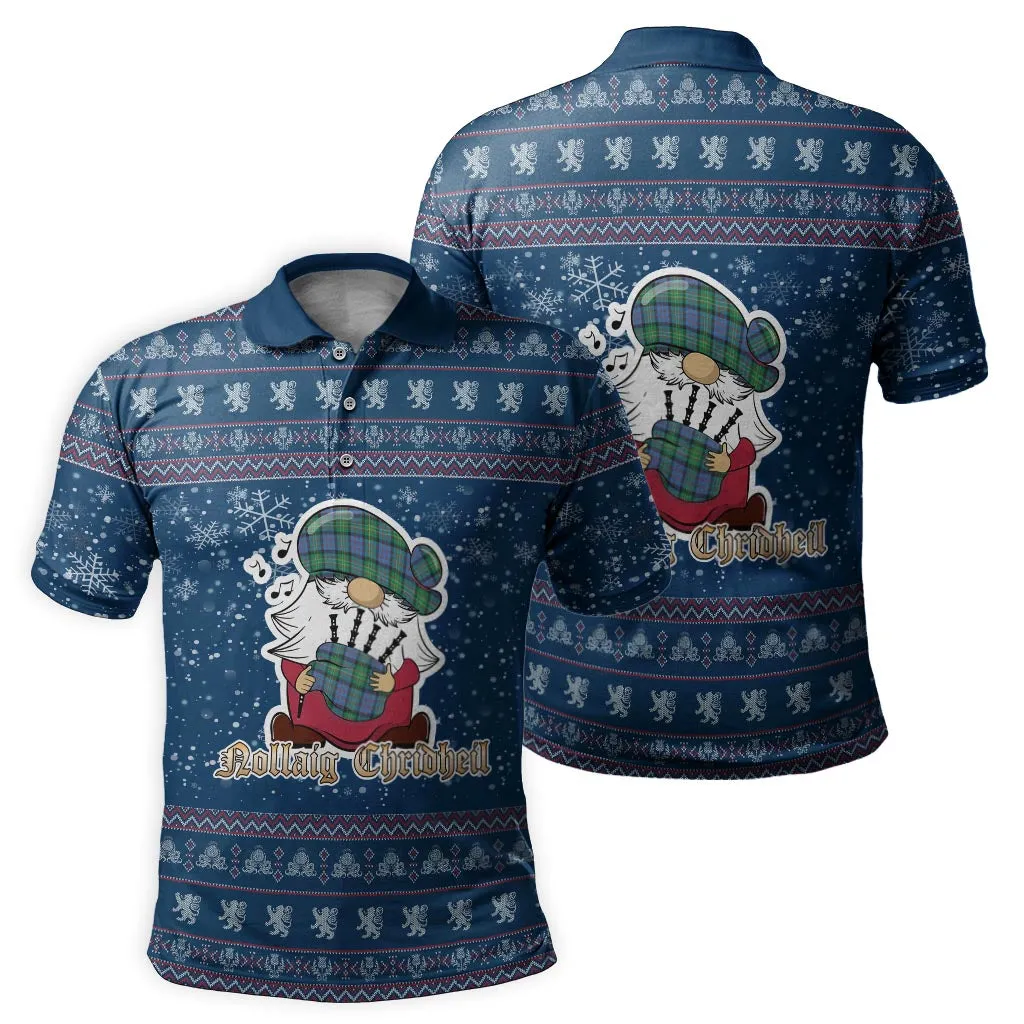 Bowie Ancient Clan Christmas Family Polo Shirt with Funny Gnome Playing Bagpipes