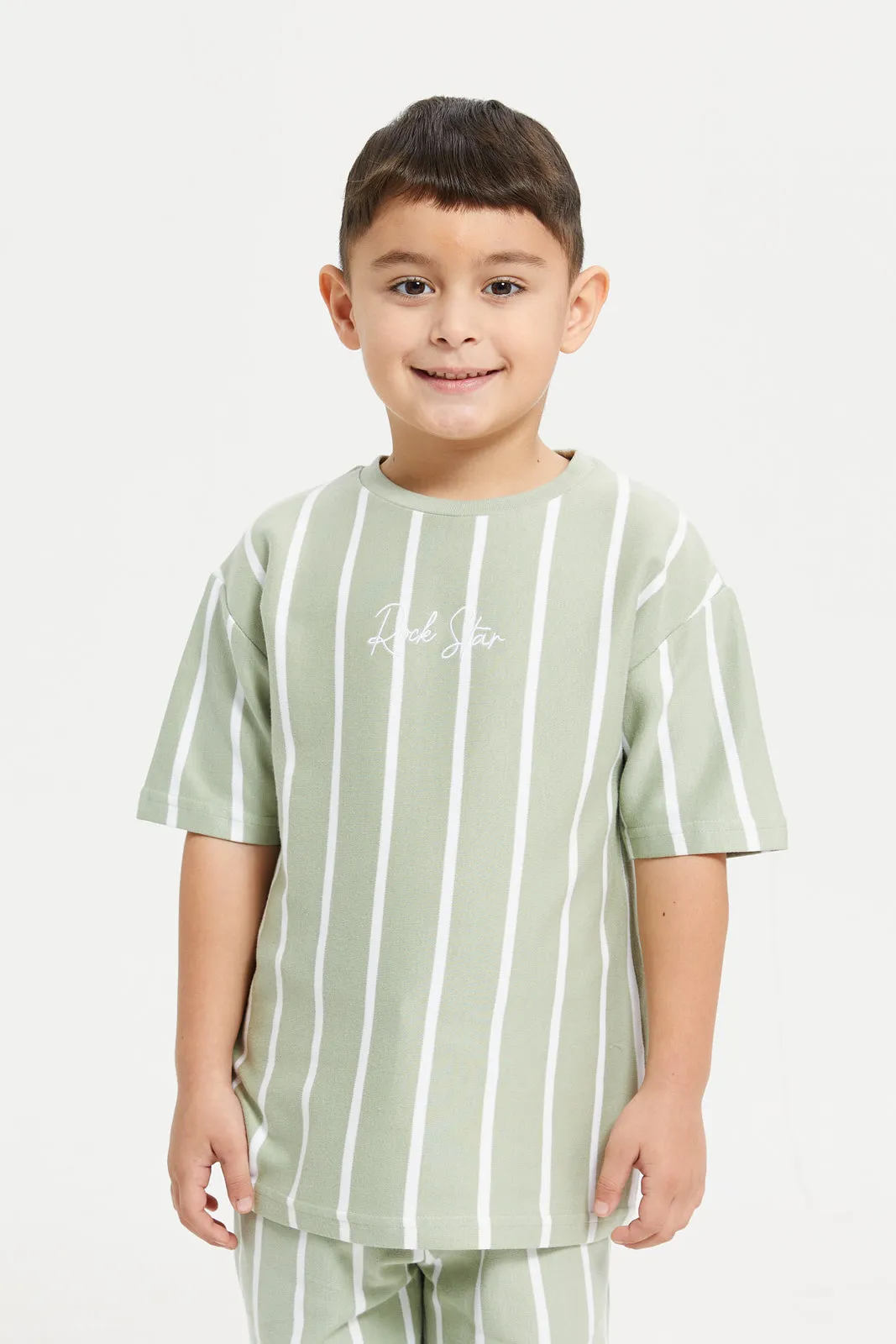 Boys Green And White Striped Casual Set (2 Piece)