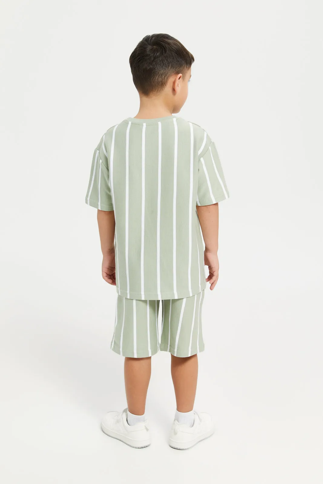Boys Green And White Striped Casual Set (2 Piece)