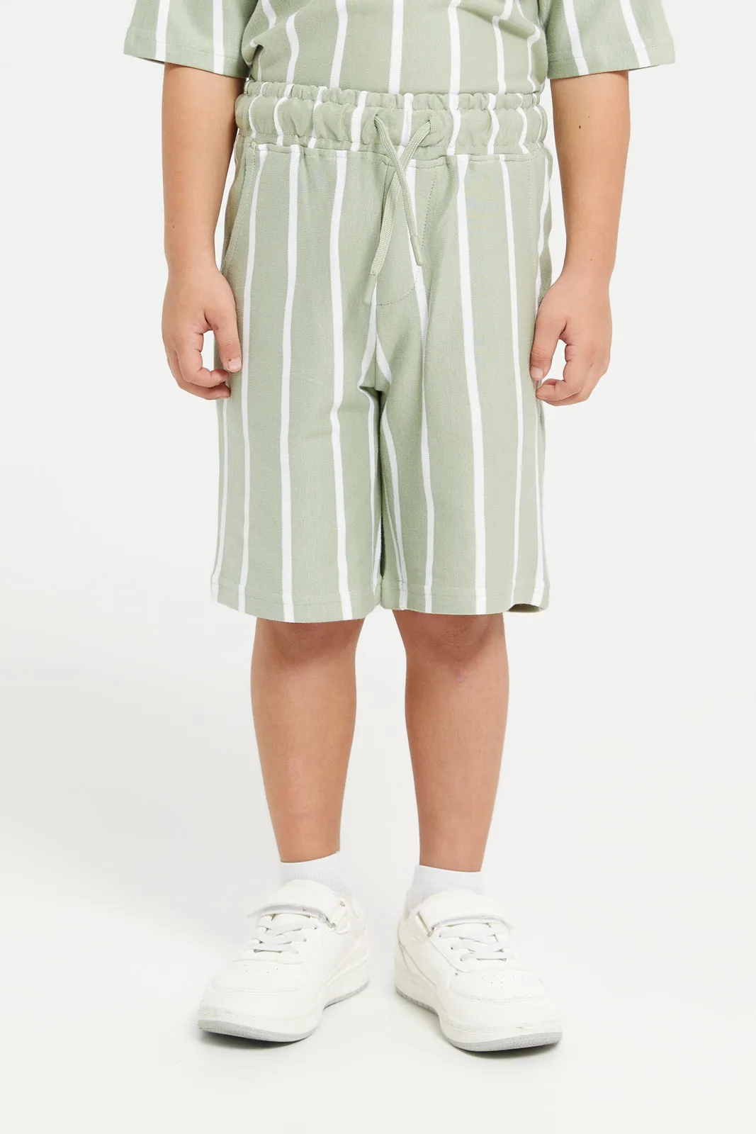 Boys Green And White Striped Casual Set (2 Piece)