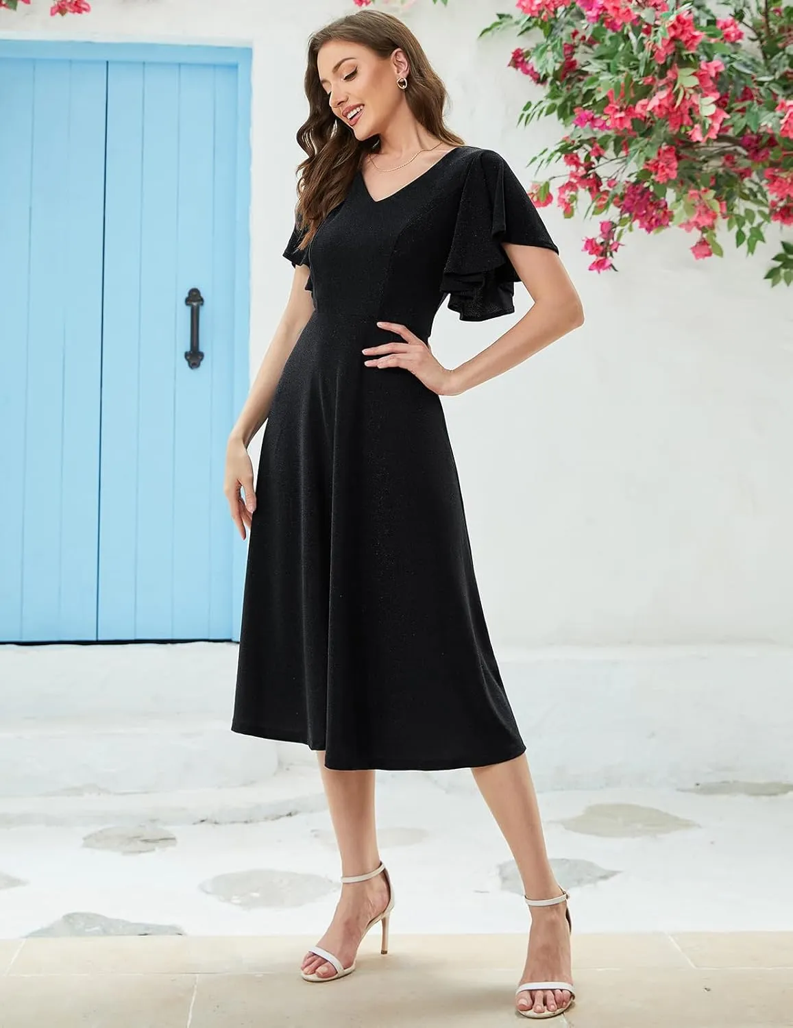Bridesmay Women's Formal Cocktail Wedding Guest Dress for Women 2025 Short Sleeve Fit and Flare Tea Party Dresses