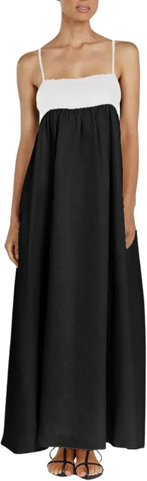 chouyatou Women's Summer Color Block Spaghetti Strap Maxi Linen Dress Long Casual Flowy Beach Sundress