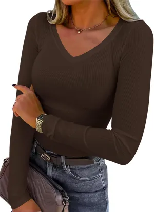 Chulianyouhuo Women's V Neck Ribbed Knit Tops Long/Short Sleeve Slim Fitted T Shirts Casual Basic Tee Tops 2025