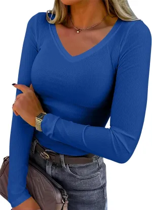 Chulianyouhuo Women's V Neck Ribbed Knit Tops Long/Short Sleeve Slim Fitted T Shirts Casual Basic Tee Tops 2025