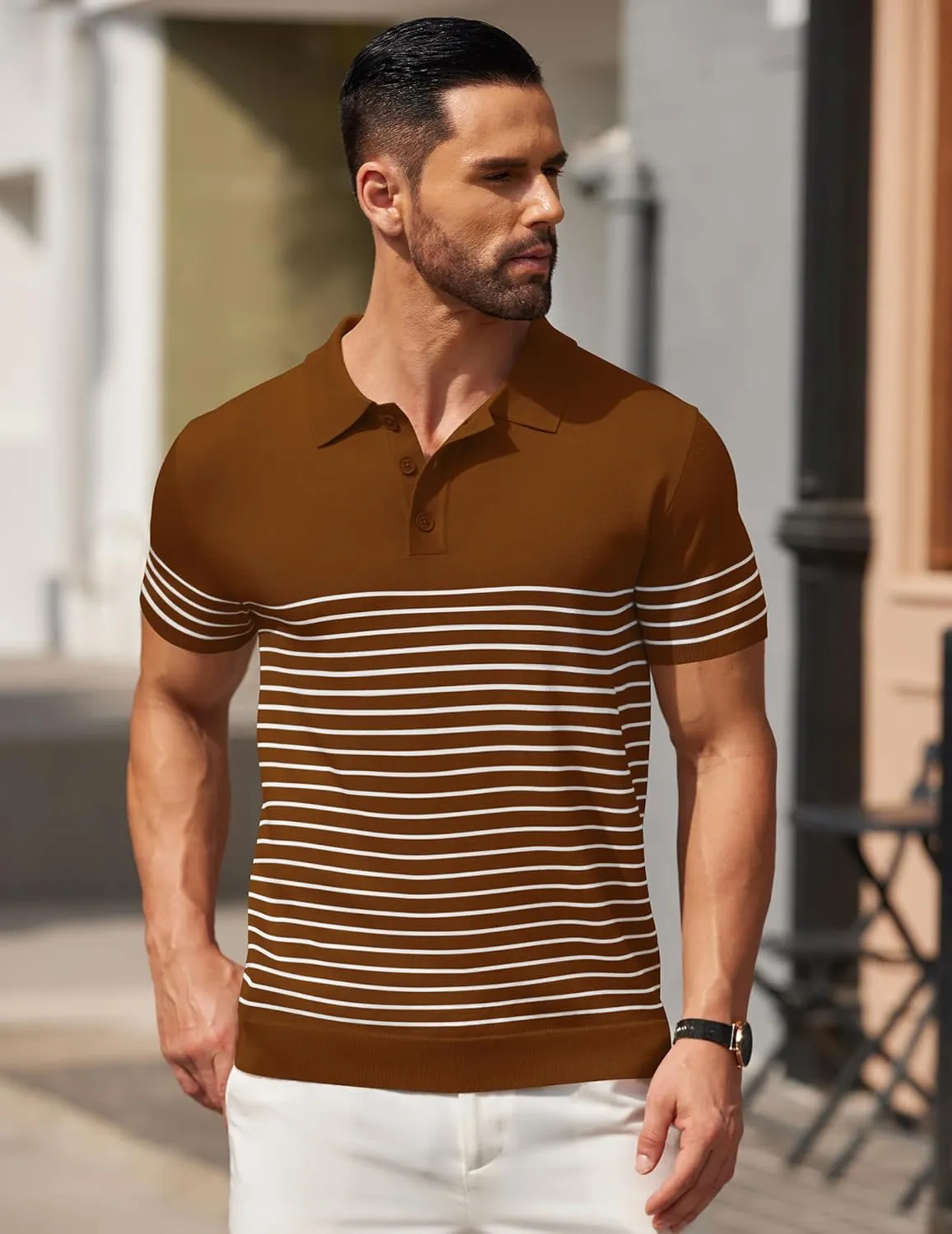 COOFANDY Men's Knit Polo Shirts Short Sleeve Striped Golf Polo Shirts Lightweight Casual Collared T Shirt
