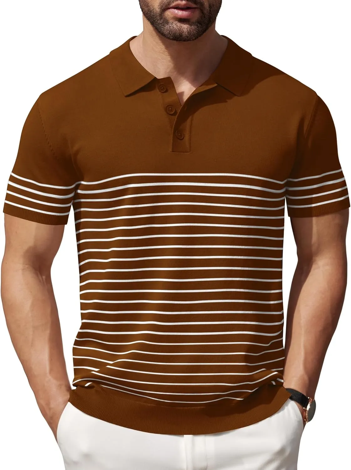 COOFANDY Men's Knit Polo Shirts Short Sleeve Striped Golf Polo Shirts Lightweight Casual Collared T Shirt