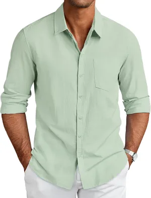 COOFANDY Men's Long Sleeve Button Down Shirts Casual Cotton Linen Shirts Summer Beach Shirt with Pocket