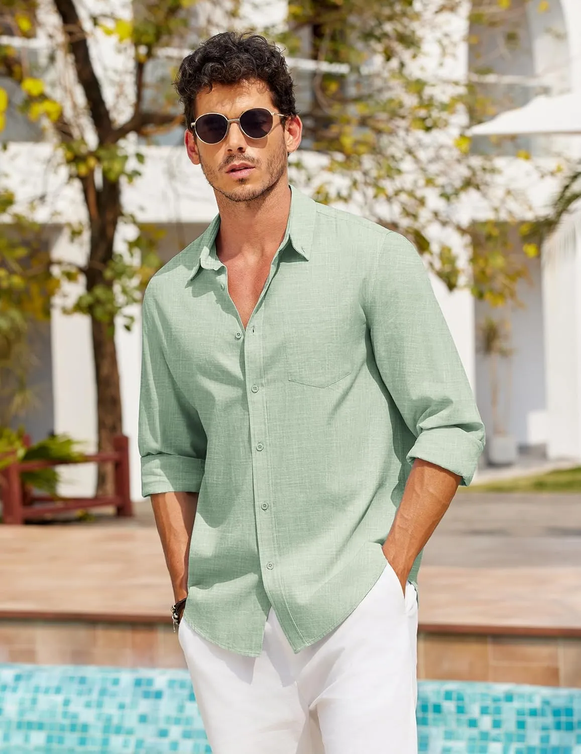 COOFANDY Men's Long Sleeve Button Down Shirts Casual Cotton Linen Shirts Summer Beach Shirt with Pocket