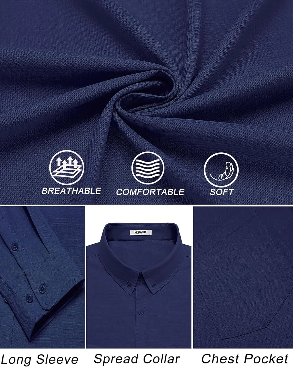 COOFANDY Men's Long Sleeve Button Down Shirts Casual Cotton Linen Shirts Summer Beach Shirt with Pocket