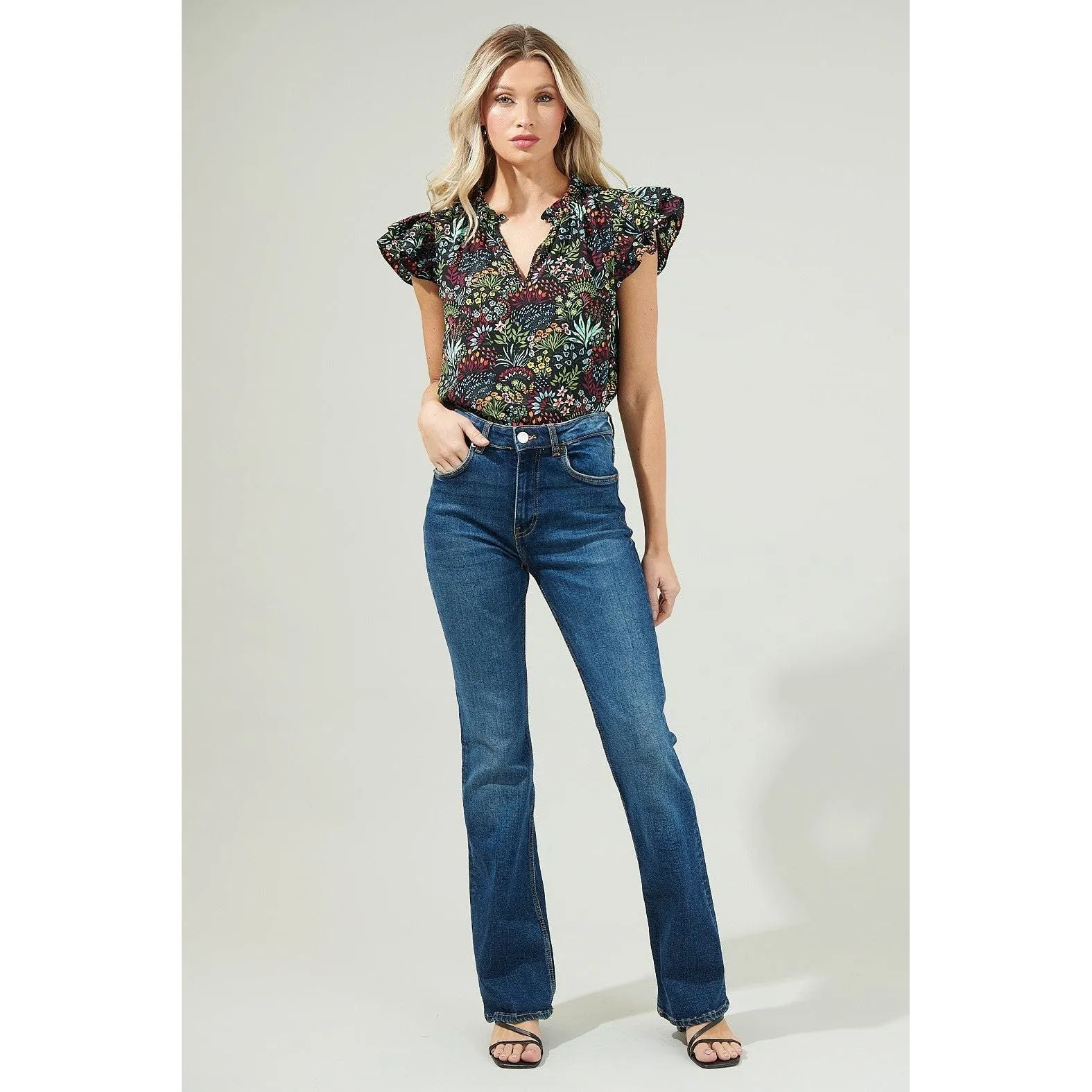 Dominique Floral Flutter Sleeve Split Neck Top