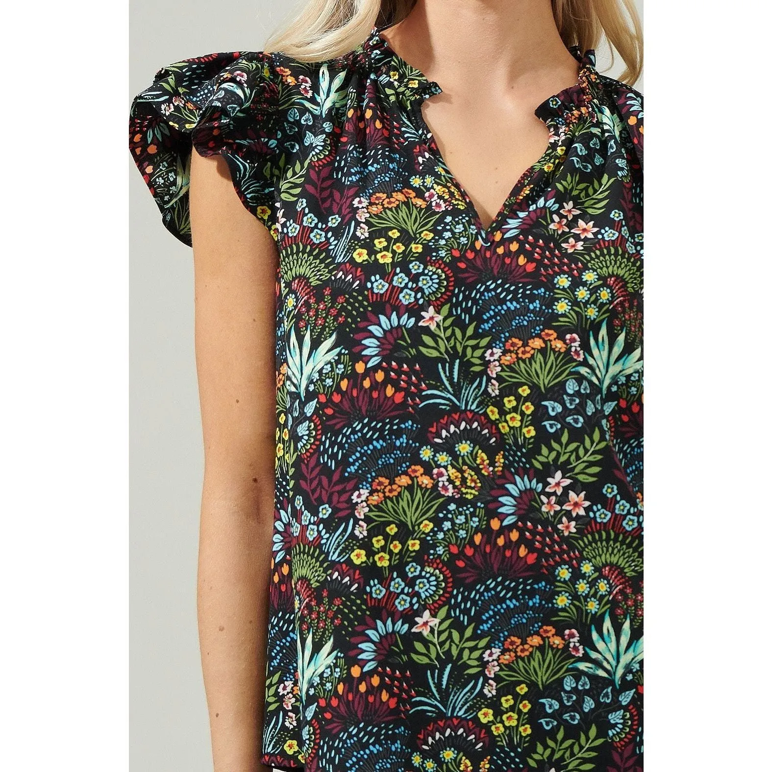 Dominique Floral Flutter Sleeve Split Neck Top