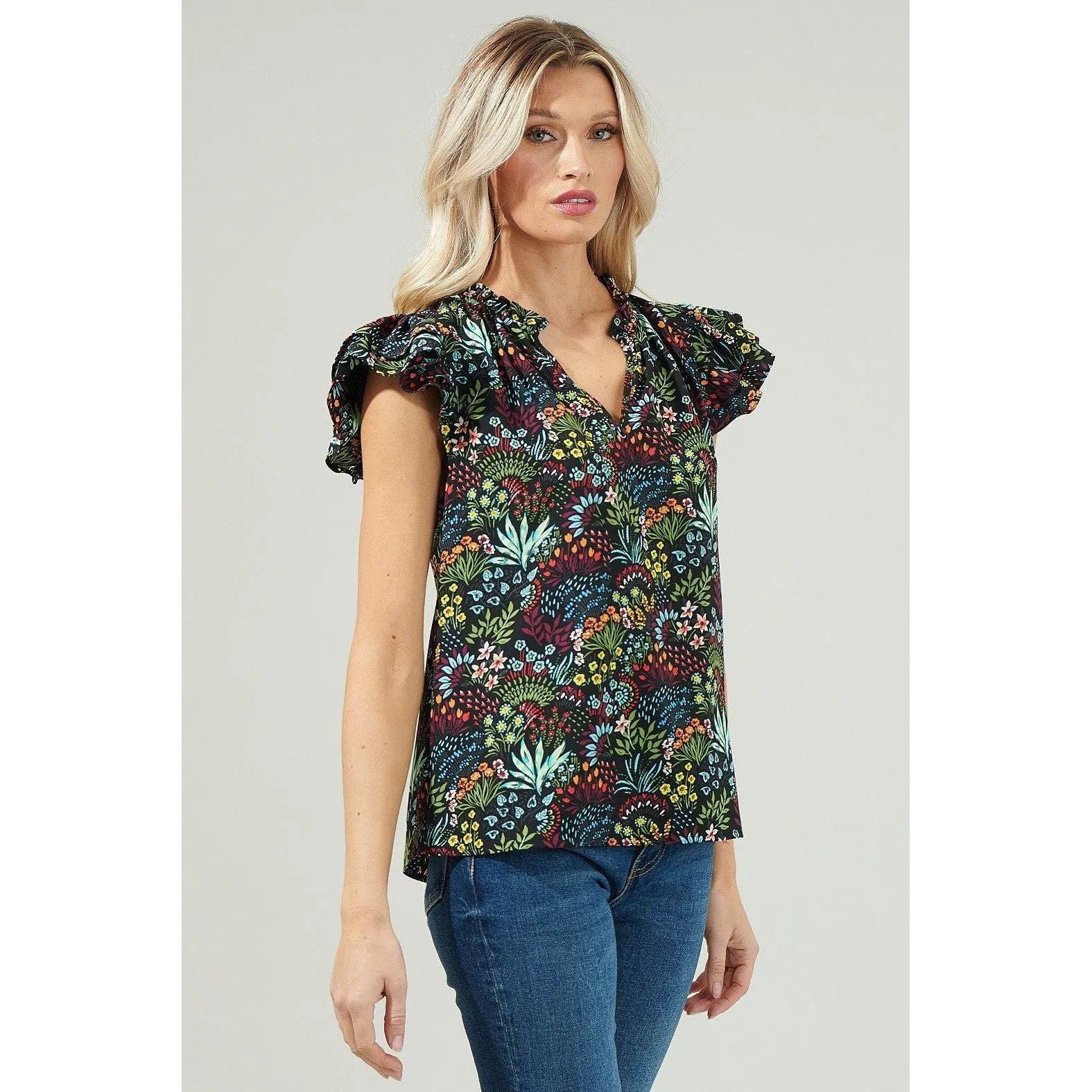 Dominique Floral Flutter Sleeve Split Neck Top