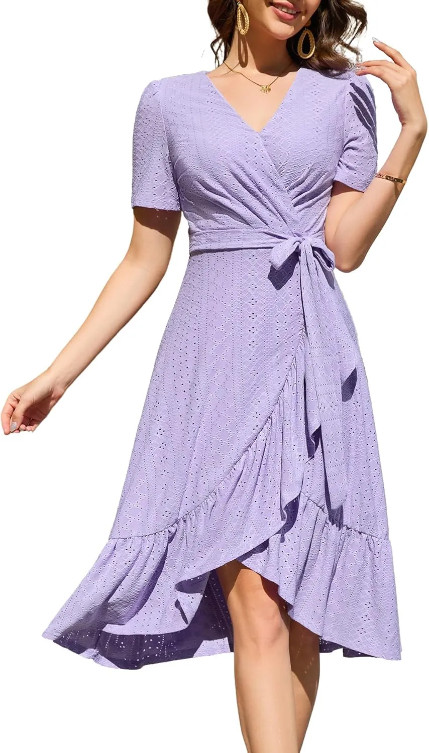 Dressystar Women Eyelet Summer Dress Short Sleeve V Neck Ruffle Wrap Spring Wedding Guest Sun Vacation Midi Casual Dresses
