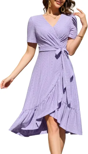Dressystar Women Eyelet Summer Dress Short Sleeve V Neck Ruffle Wrap Spring Wedding Guest Sun Vacation Midi Casual Dresses
