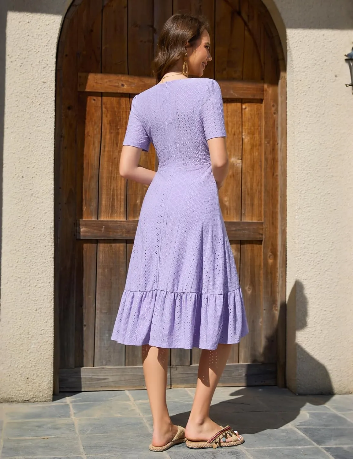 Dressystar Women Eyelet Summer Dress Short Sleeve V Neck Ruffle Wrap Spring Wedding Guest Sun Vacation Midi Casual Dresses