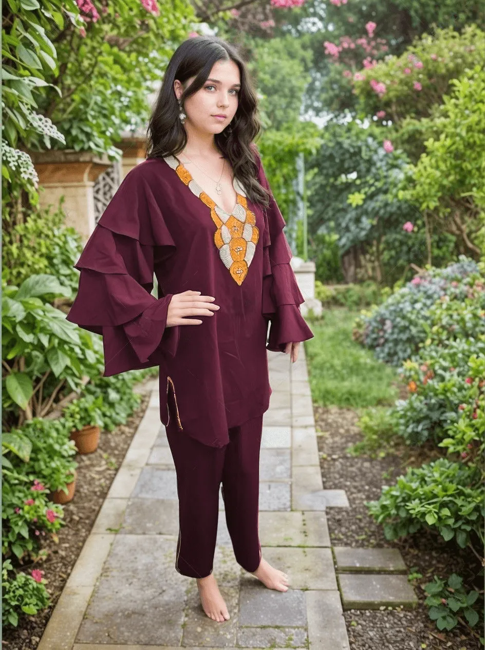 Embroidered Maroon Coord Set with Sequined Slits