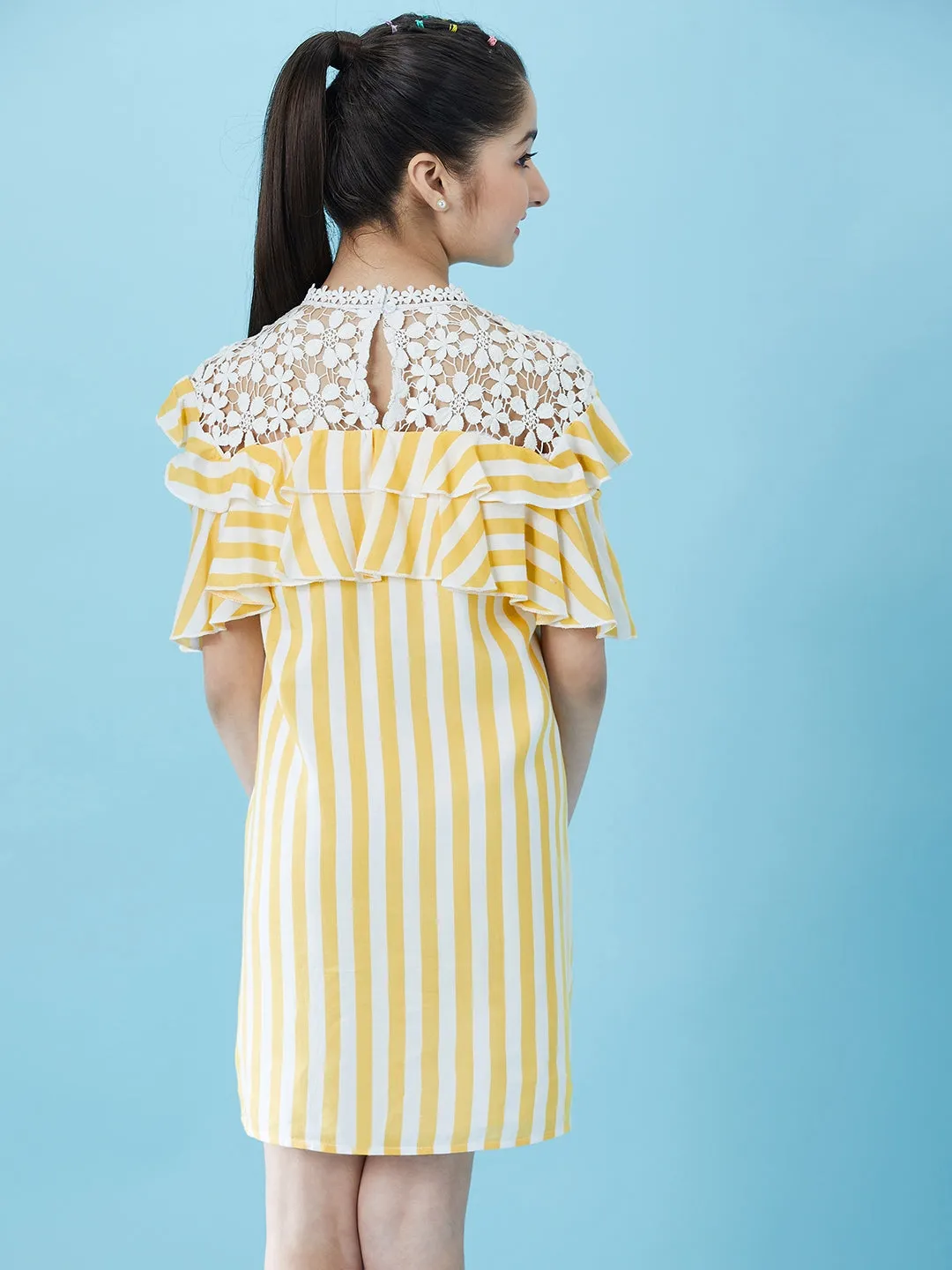 Girls Striped Ruffled Cotton A-Line Dress - Ps Peaches