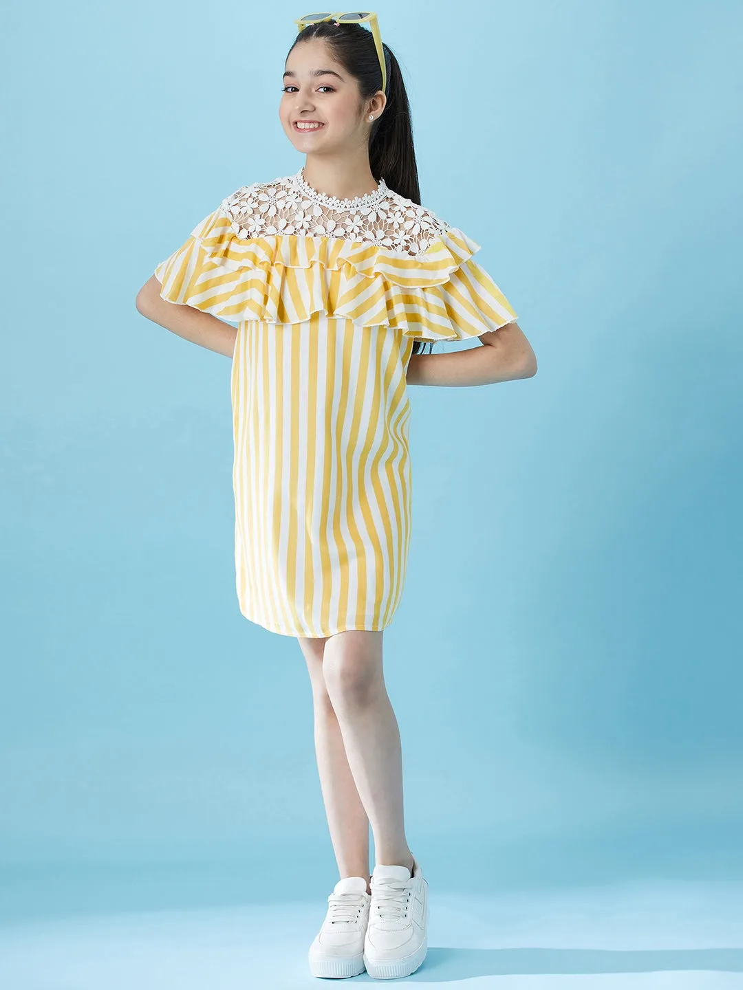 Girls Striped Ruffled Cotton A-Line Dress - Ps Peaches