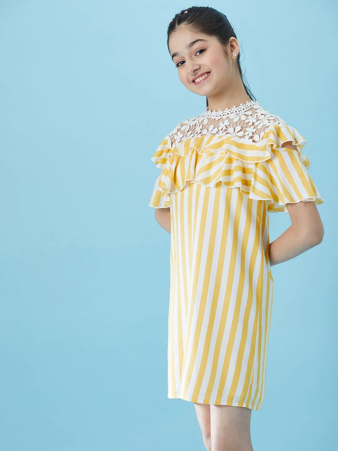 Girls Striped Ruffled Cotton A-Line Dress - Ps Peaches