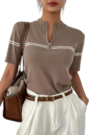 GORGLITTER Women's Half Zip Short Sleeve Tops Mock Neck Slim Fit Tees Old Money Tops