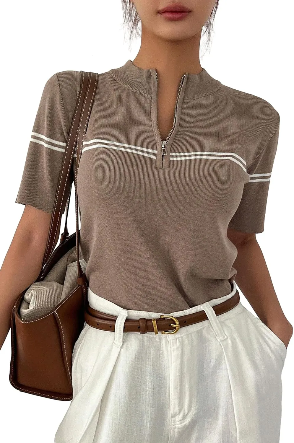 GORGLITTER Women's Half Zip Short Sleeve Tops Mock Neck Slim Fit Tees Old Money Tops