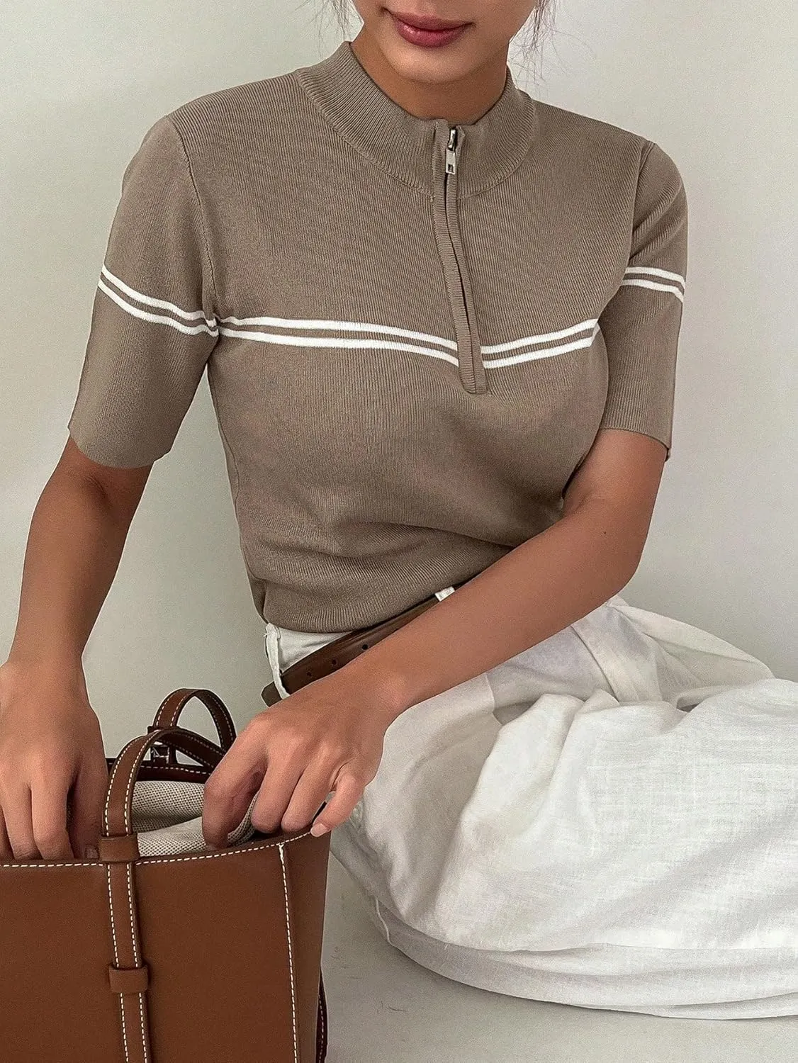 GORGLITTER Women's Half Zip Short Sleeve Tops Mock Neck Slim Fit Tees Old Money Tops