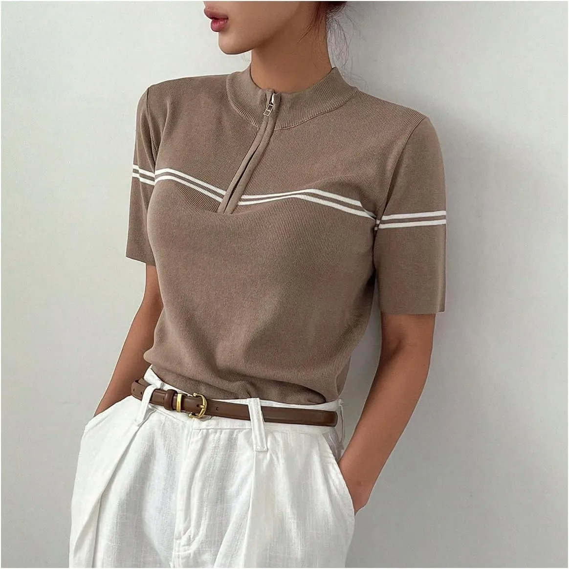 GORGLITTER Women's Half Zip Short Sleeve Tops Mock Neck Slim Fit Tees Old Money Tops