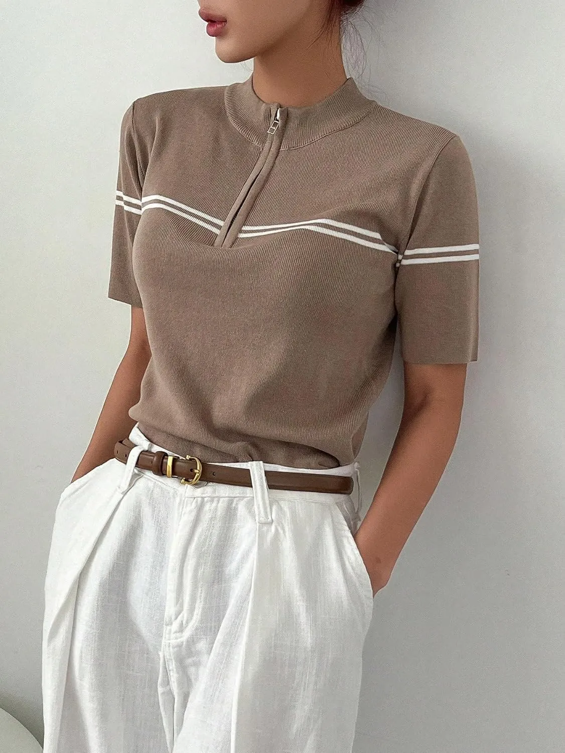 GORGLITTER Women's Half Zip Short Sleeve Tops Mock Neck Slim Fit Tees Old Money Tops