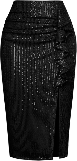 Kate Kasin Sequin Skirt Midi High Waisted Skirt with Side Slit Ruched Bodycon Sparkly Skirt Pencil Stretchy Night Out