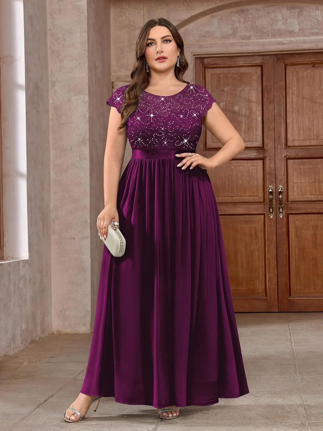 Knitee Women's Plus Size Sequin Floral Lace Formal Bridesmaid Party Flowy Maxi Dress