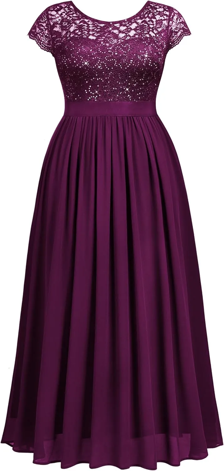 Knitee Women's Plus Size Sequin Floral Lace Formal Bridesmaid Party Flowy Maxi Dress