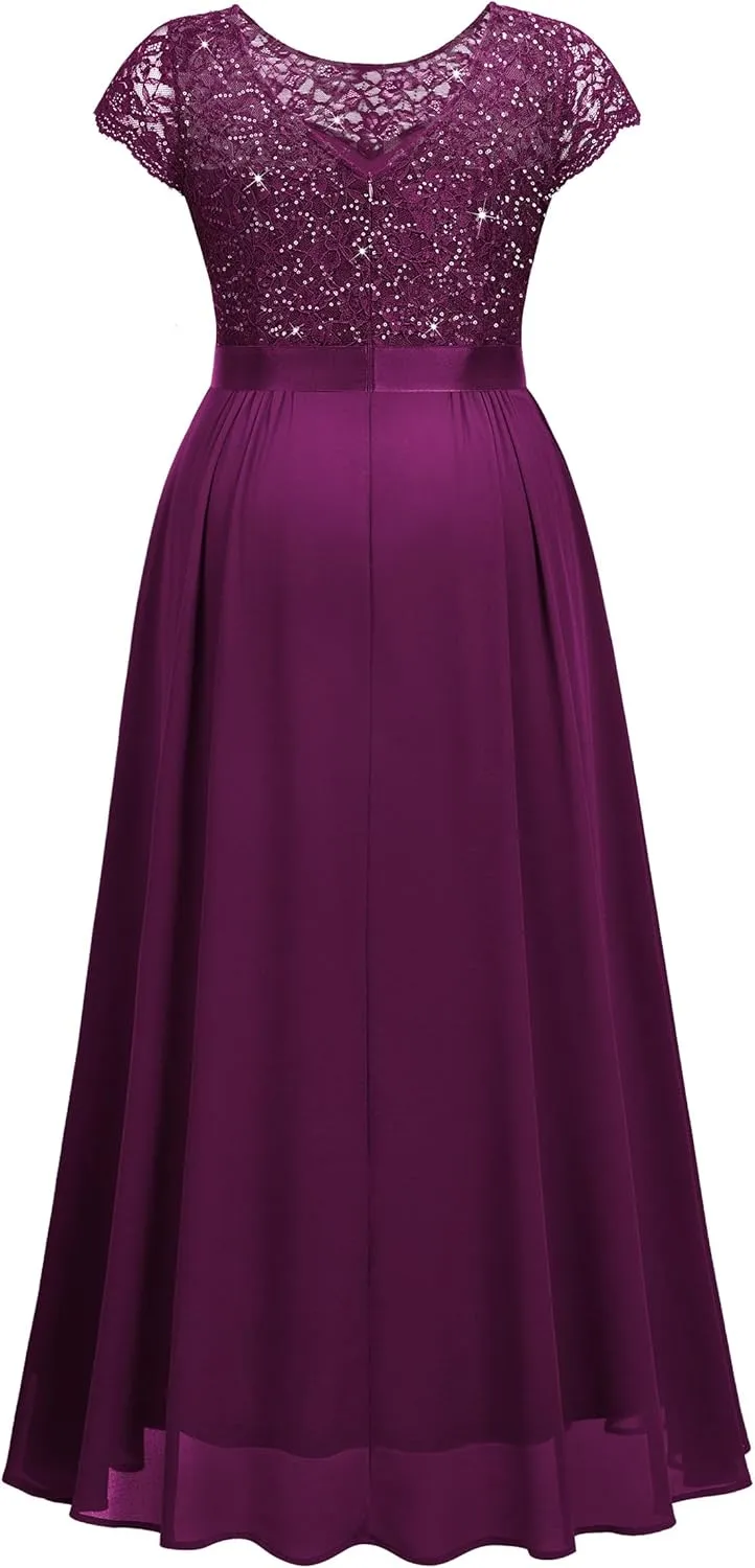 Knitee Women's Plus Size Sequin Floral Lace Formal Bridesmaid Party Flowy Maxi Dress