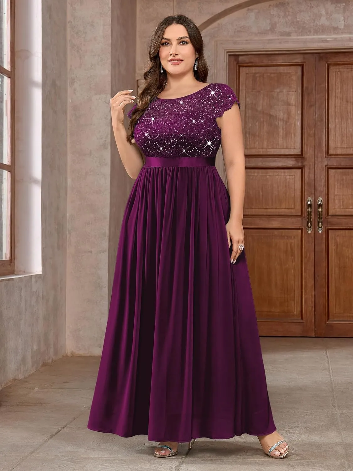 Knitee Women's Plus Size Sequin Floral Lace Formal Bridesmaid Party Flowy Maxi Dress