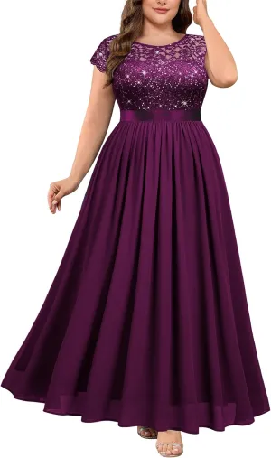 Knitee Women's Plus Size Sequin Floral Lace Formal Bridesmaid Party Flowy Maxi Dress