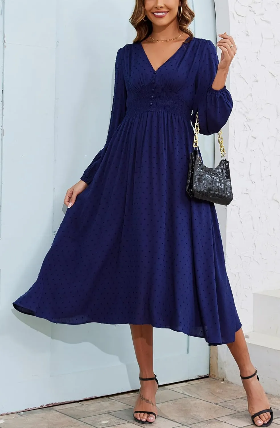 Kormei Women Casual Boho V Neck Long Sleeve Swiss Dot Smocked High Waist A Line Swing Fall Midi Long Dress