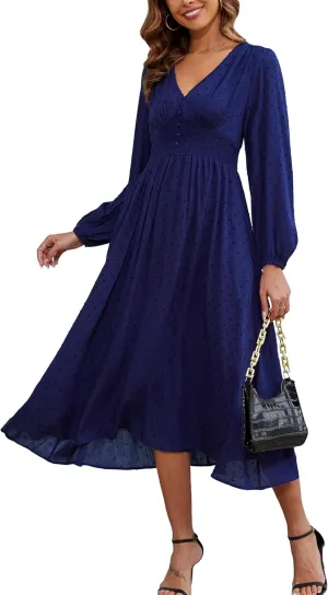 Kormei Women Casual Boho V Neck Long Sleeve Swiss Dot Smocked High Waist A Line Swing Fall Midi Long Dress