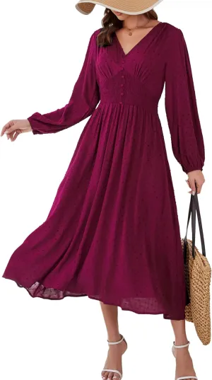 Kormei Women Casual Boho V Neck Long Sleeve Swiss Dot Smocked High Waist A Line Swing Fall Midi Long Dress