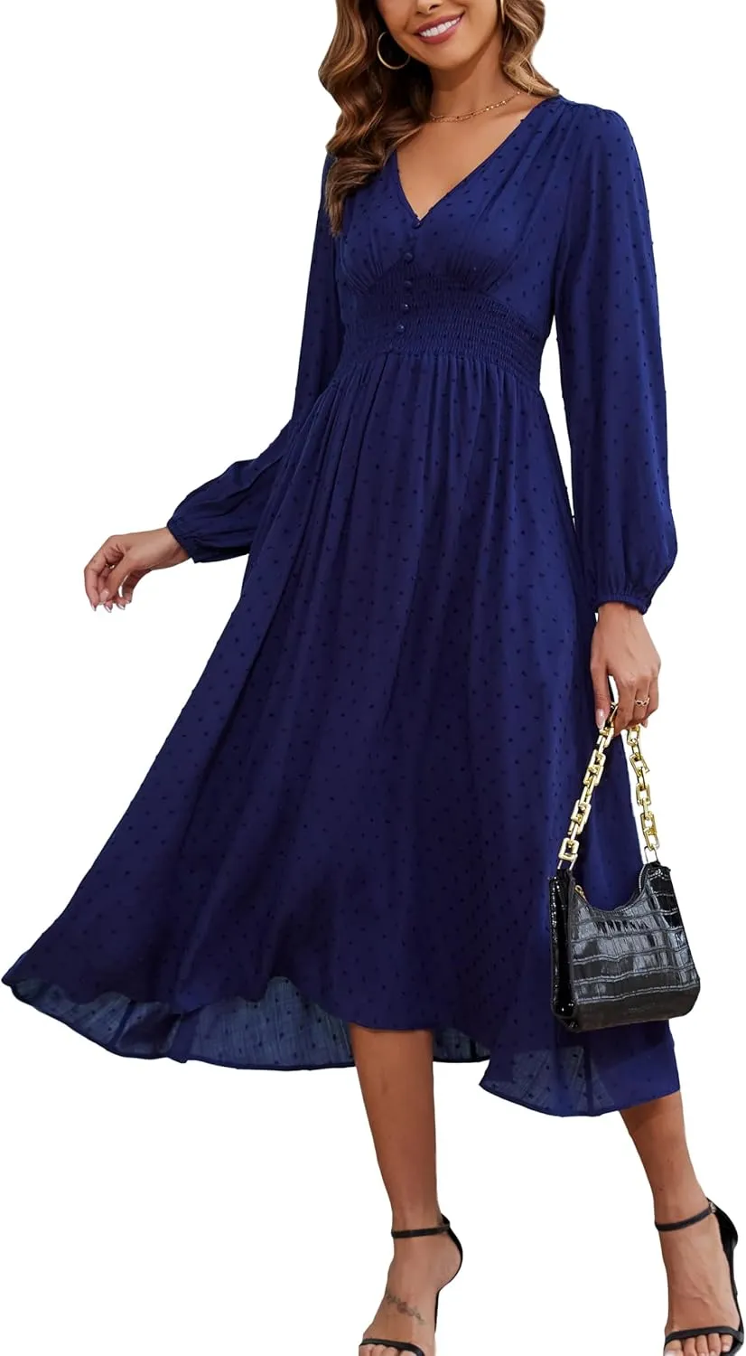 Kormei Women Casual Boho V Neck Long Sleeve Swiss Dot Smocked High Waist A Line Swing Fall Midi Long Dress