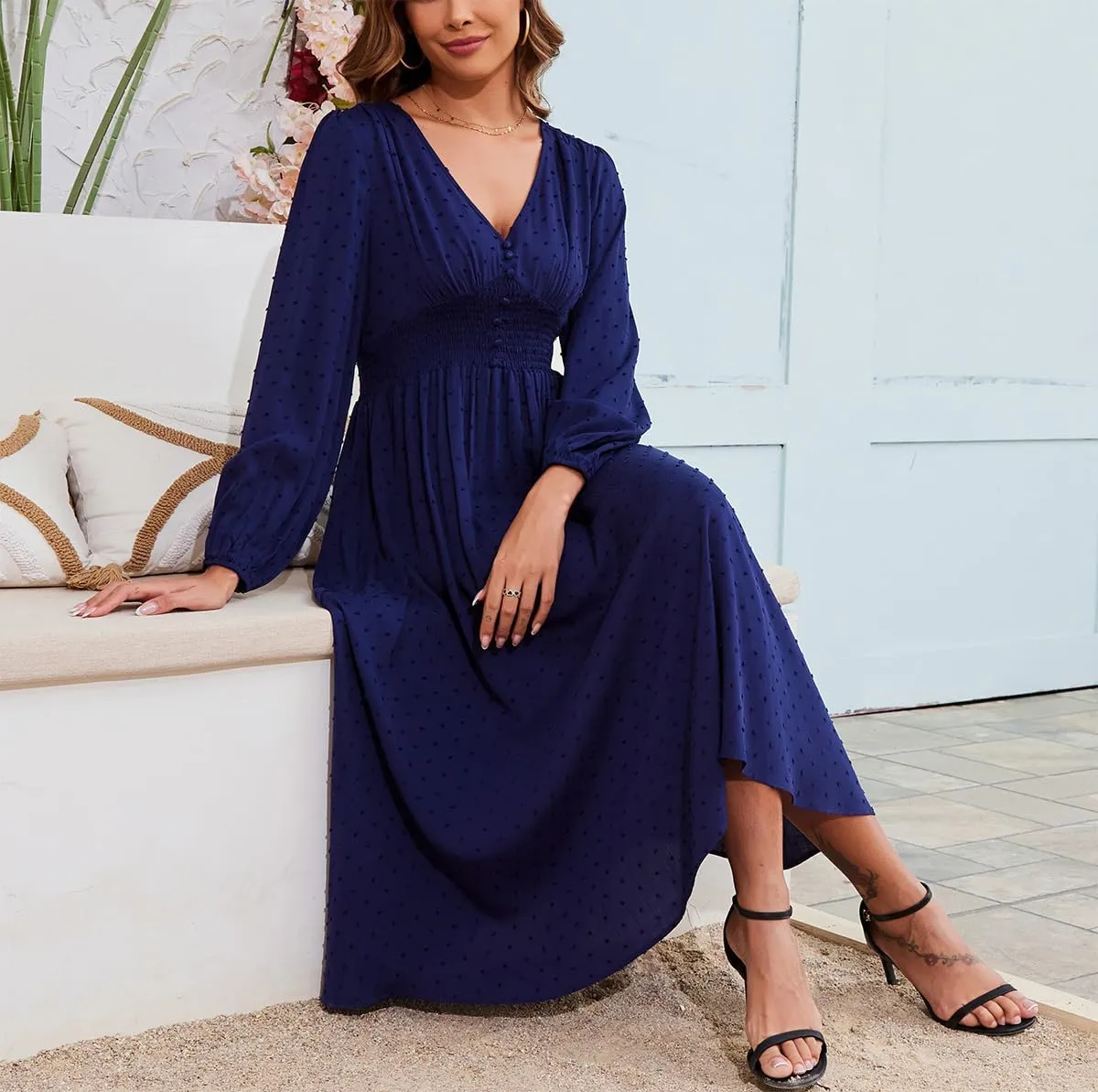 Kormei Women Casual Boho V Neck Long Sleeve Swiss Dot Smocked High Waist A Line Swing Fall Midi Long Dress